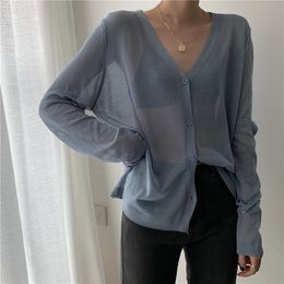 Cardigan Women Korean Long Sleeve Summer Cropped Knitted V neck Thin Ice Silk Sweaters Sunscreen Shirt Tops 210805