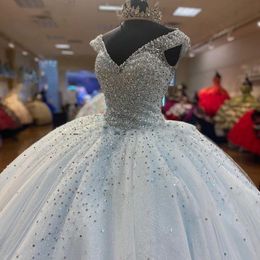 Light Blue Quinceanera Dresses V-Neck Ball Gowns Prom Formal Evening Gown Tulle Cap Sleeve Pageant Sweet 16 Dress