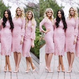 2021 Sexy Pink Mother Of The Bride Dresses Full Lace Three Quarter Poet Long Sleeves Sheath Knee Length Prom Evening Wedding Guest Gowns