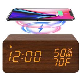 Other Clocks & Accessories Multi-Function Wooden Digital Alarm Clock With Wireless Charging LED Display Sound Control Snooze Dual For Office