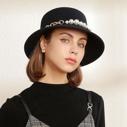 pearl wool UK - Berets X4070 Women's Pearl Basin Felt Hat Fishing Wool Fedora Hats Adjustable Size Woolen Bucket Caps Fascinator
