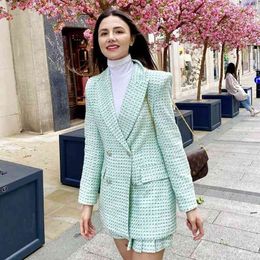 Tweed Women Vintage Green Blazers Autumn Fashion Ladies Loose Pockets Jackets Casual Girls Chic Tops Cute 210527