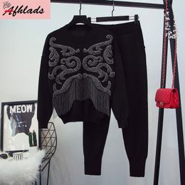 Spring New Women's Beaded Tassel Long Sleeve Round Neck Sweater Top + Casual Pants Fashion High Quality Two-Piece Set X0428