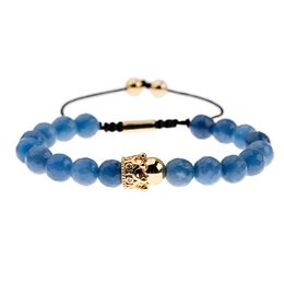 Men's Fashion Blue Natural Stone Bead Bracelet Golden Color Crown Shape Copper Inlaid Adjustable Bracelet With Zircon Decoration