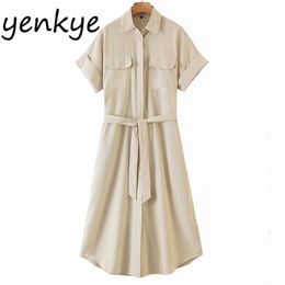 Vintage Solid Color Long Dress Women Lapel Collar Short Sleeve Pockets Sashes Casual Autumn Plus Size Vestido 210514