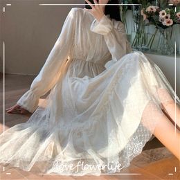 White Elegant Dress Women Casual Long Sleeve Lace Fairy Party Dress Sweet High Waist Bow Female Autumn Korean 210521