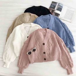 Women Button Up Sweater Fashion Autumn Winter V Neck Single-breasted Crop Sweaters Woman Korean Oversize Short Cardigan 210525
