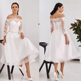 Plus Size Kurzes Hochzeitskleid 2021 Sommer Strand Sexy Schulterfrei 3/4 lange Ärmel Brautkleider Boho Garden Teelang Spitze Appliziert Vestidos De Novia