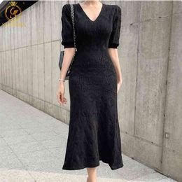 Fashion Casual Solid Sexy V-Neck Slim Korean Chic Summer Dresses Women's Short Sleeve Mid-Length Mermaid Dress 210520