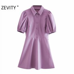 ZEVITY Women Vintage Solid Color Pleats Puff Sleeve A line Shirtdress Ladies PU Leather Vestidos Chic brand slim Dresses DS4515 210319