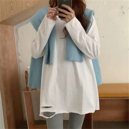 Casual Sale Hole Basic Tee Retro Gentle Chic Loose Basewear Warm Tops Full-Sleeved Pullovers T-shirts 210525