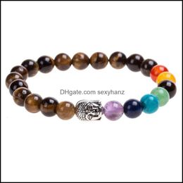 Beaded, Strands Retro Round Stone Tiger Eye Beads Buddha Bracelets 7 Chakra Healing Mala Jewellery Bracelet For Women Men Gifts Drop Delivery