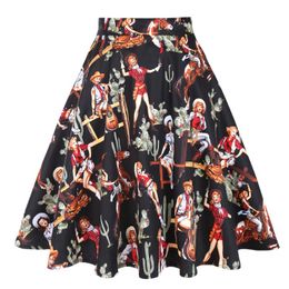 ladies western skirts Australia - Skirts 50s 60s Vintage Retro Black Skirt Ladies Western Summer Print Sexy Elegant Womens Mujer Falads