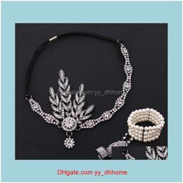 Jewelryfashion Luxury Designer Vintage Diamond Leaves Pearl Tassel Elastic Rope Wedding Hair Jewellery Bridal Headbands Charm Bracelets Set Dr