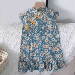 Summer Kid Clothes Flying Sleeve Flower Cheongsam Chinese Style Dress For Girls Girl Clothing 210528