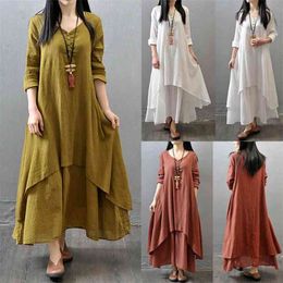 Kayotuas Women Dress Summer Boho Ethnic Cotton Linen Long Sleeve Maxi V-Neck Loose 3 Colours Casual Ladies Clothes Outfit 210522