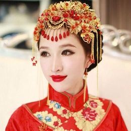 chinese wedding headdress Canada - Headpieces Headdress Bride 2021 Simple And Atmospheric Chinese Red Phoenix Crown Wedding Xiuhe Dress Round Face Hair Accessories