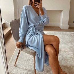 Christmas Casual Dresses Autumn Winter Elegant And Sexy V-neck Solid Color Long Sleeve Knitted Wrap Belt Dress Maxi Robe Y1006