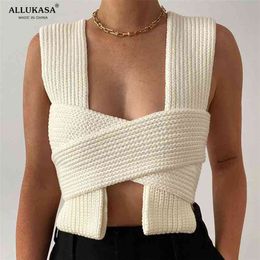 2022 Sleeveless Knitted Crop Sweater Sexy Autumn Summer Fashion Vest Black Casual White Jumper Top Female Pullover fall women 210903