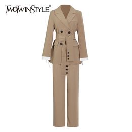 TWOTWINSTYLE Temperament Black Two Piece Set For Women Notched Long Sleeve Sashes Blazer High Waist Wide Leg Pants Female Sets 211105