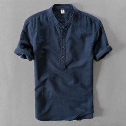 Helisopus Men Casual Cotton Linen Shirts Summer Brand Short Sleeve Shirt Mandarin Collar Solid Colour Retro Shirt Tees P0812