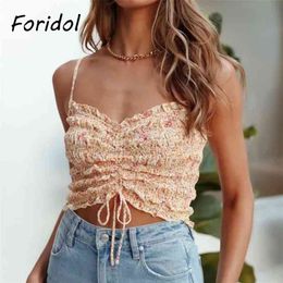 Ruffle Lace Up Ruched Camis Adjustable Orange Crop Tops Summer Cute Floral Print Holiday Boho 210427