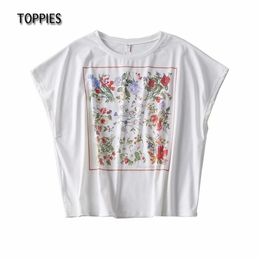 Fashion Wide Shoulder T-shirts Floral Printing Summer Woman Short Sleeve White Cotton Tops 210421