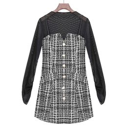 PERHAPS U Women Black Two-piece Set Mesh O Neck Long Sleeve Top Plaid Tweed Button Strap Velvet Mini Dress Spring T0319 210529