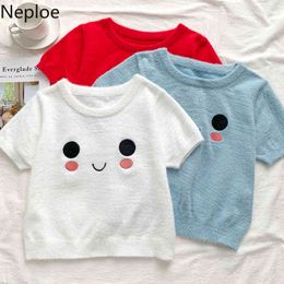 Neploe Embroidery Cute Cartoon T Shirts for Women O Neck White Soft Furry Shirt Knitted Slim Fit Crop Top Sexy Korean Sweet Tees 210422