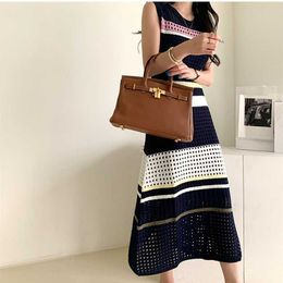 Summer Fashion High quality Hollow Out Knitted Dresses Women Sleeveless O-neck Striped Patchwork Sweater Dress Vestidos 210529