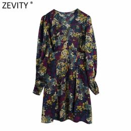 Zevity Spring Women Sweet V Neck Floral Print A Line Mini Dress Ladies Pleats Puff Sleeve Casual Slim Kimono Vestido DS4860 210603