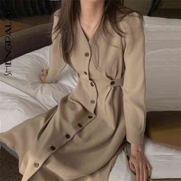 Elegant V-neck Dress Women's Spring Single Breasted Waist Long Sleeve Minimalist Female Sim Maxi 5A779 210427