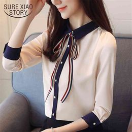 spring women blouses bow long sleeved chiffon clothing patchwork OL tops sweet shirts D509 30 210506