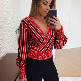 Womens Tops and Blouses Plus Size Chiffon Blouse Fashion Elegant Babygirl Boyfriend Long Sleeve Sexy V-neck Striped 210514