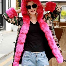 Women's Winter Coats Elegant Drop Hooded Faux Fur Jacket Thick Warm with Cardigan Long Sleeve Women 210428