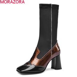MORAZORA arrival fashion mid calf boots genuine leather boots high heels square toe mixed colors women boots 210506