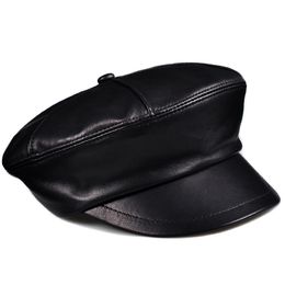 Spring Unisex Genuine Leather Flat Top Baseball For Men Women Octagonal Hat Punk Rock Casquette Army Navy Caps Fit