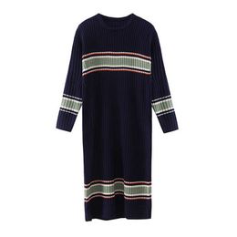 PERHAPS U Knitted Blue Khaki O Neck Midi Dress Autumn Elegant Long Sleeve Casual D0823 210529