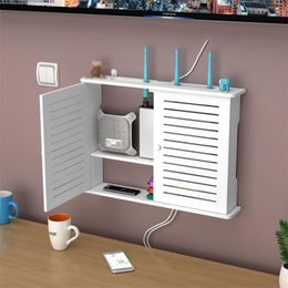 Wireless Wifi Router Storage Boxes Wooden Box Cable Power Plus Wire Bracket Wall Hanging Plug Board Storage Shelf DIY Home Decor 211112