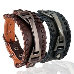 2pcs black brown Genuine Leather Bracelet Punk Rock n Roll Unisex Women Personalised Customised Wide Wrist Belt Wrap Mens Cuff Wristband Bangle Strap Adjustable