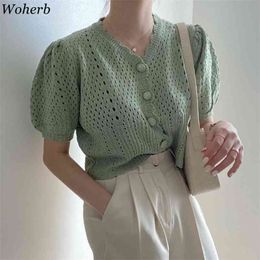 Summer Hollow Out Knitted Cardigan Crop Tops Women Short Sleeve V-neck Knitwear Fashion Vintage Ladies Jumpers Femme 210519