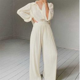 DEAT Pleated Autumn Fashionable Loose Long Sleeve Shirt Women Stripe Design Wide Legs Pants Two Piece Set RC319 210930