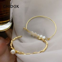 Ghidbk Gold Baroque Freshwater Pearl Solid Bracelets Dainty Irregular Pearl Wire Wrapped Hammer Bangles Pulseras Mujer Moda 2019 Q0719