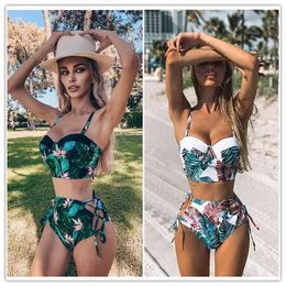 High Waist Swimwear Leaf Print Bikini Swimsuit Vintage Retro Bathing Suit Halter Biquini Maillot de bain femme 210624