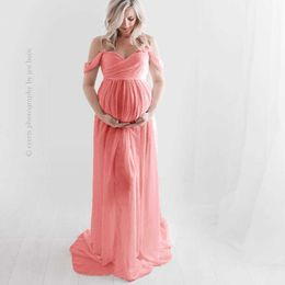 Strapless Maternity Chiffon Long Dresses Split Open Front Maternity Long Dresses For Photo Shooting White Pregnancy Maxi Dress Q0713