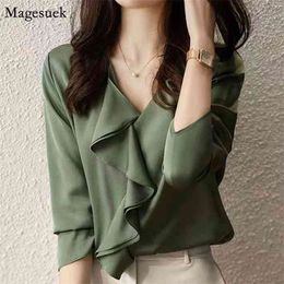Korean Style Long Sleeve Ruffles Women's Shirt Elegant Solid Satin Silk Blouses Women Plus Size Loose Tops Female Clothing 13876 210512