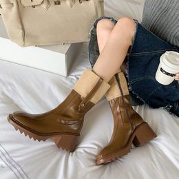 Boots Women PU Leather Thick Sole Mid Calf Woman Chunky Heels Short Boot Fashion Square Toe Ladies Shoes Female Footwear