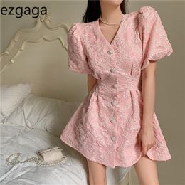 Ezgaga Chic Women Floral Dress Short Sleeve Single-breasted Korean Fashion Summer New A-Line Elegant Pink Dresses Vestidos 210430