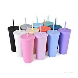 22oz Double-walled Matte Tumblers Resuable Pastels Colour Water Mug Pastel Coloured Acrylic straw Cups With Lid Sea sending T9I001200