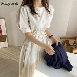 Korean Chic Summer Dress Women Pleated Puff Short Sleeve Elegant Party Elastic Waist Long Vestidos 13955 210512